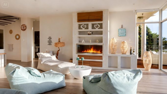 Open living room with large windows and lagoon view at MBIZI lagoon house