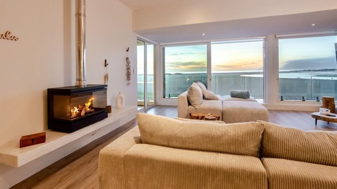 Fireplace or braai area at MBIZI lagoon house in evening atmosphere