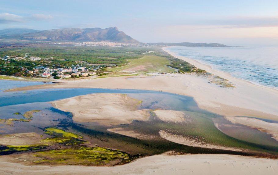 Bot River Lagoon landscape near MBIZI lagoon house with mountains and natural vegetation, Hermanus