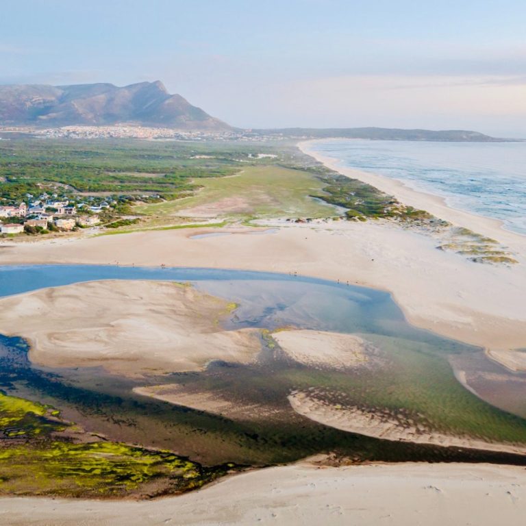 Bot River Lagoon landscape near MBIZI lagoon house with mountains and natural vegetation, Hermanus