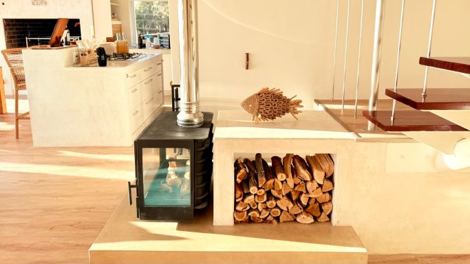 Fireplace or braai area at MBIZI lagoon house in evening atmosphere