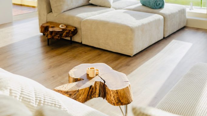 Airy living space at MBIZI lagoon house with natural materials and panoramic Kleinrivier Lagoon views