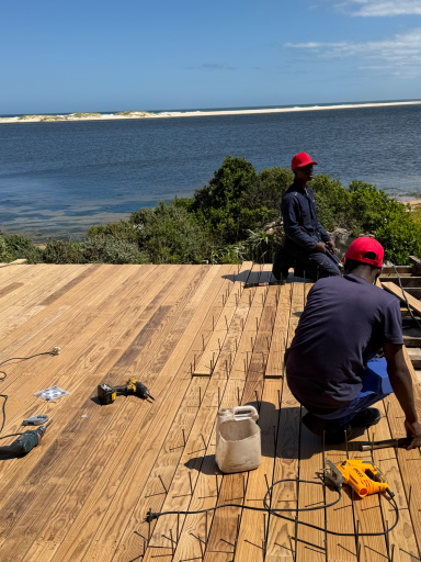 New timber deck being constructed at MBIZI lagoon house during renovation, Fisherhaven, Hermanus
